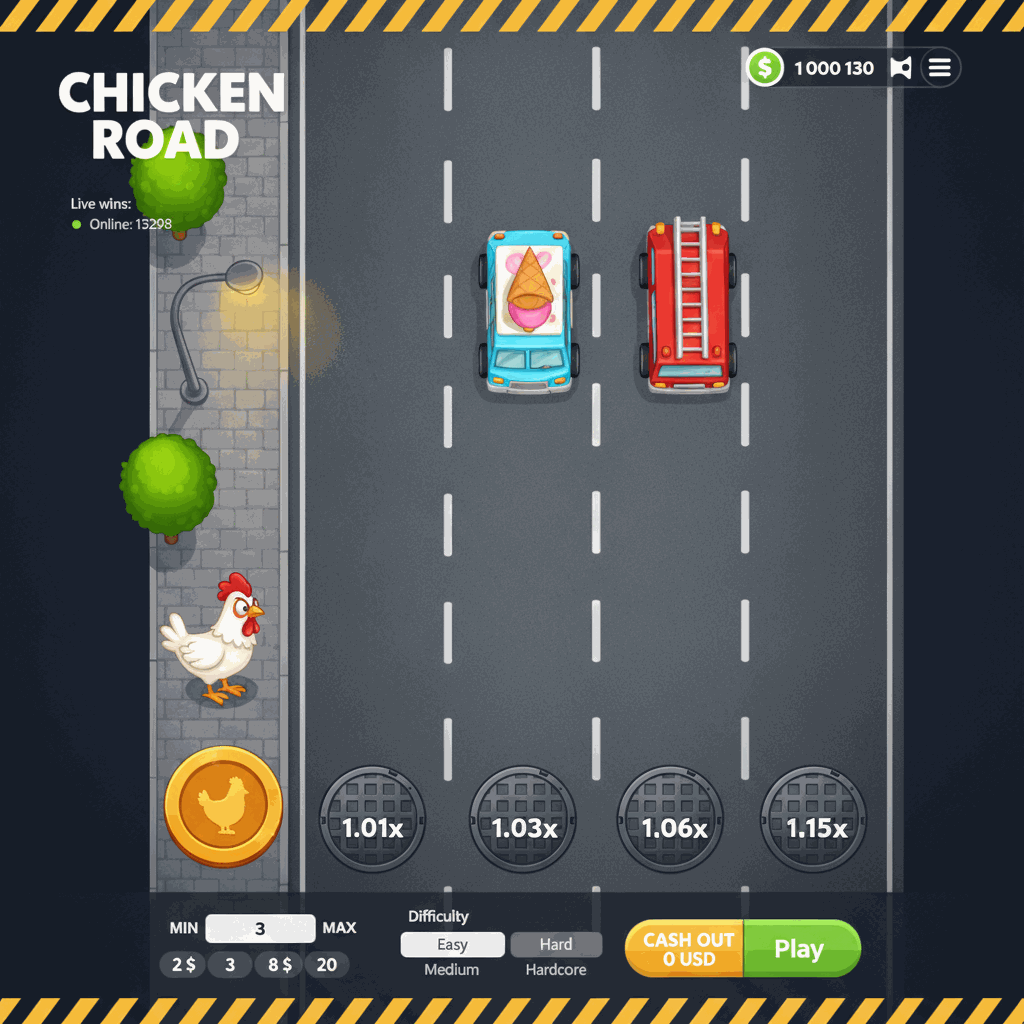 Chicken Road - Jeu de crash InOut montrant une poule traversant une route à plusieurs voies avec des multiplicateurs croissants sur chaque bande franchie
